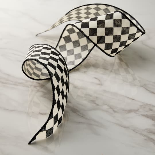 2.5" x 3yd. Black & White Diamonds Wired Edge Ribbon by Celebrate It™